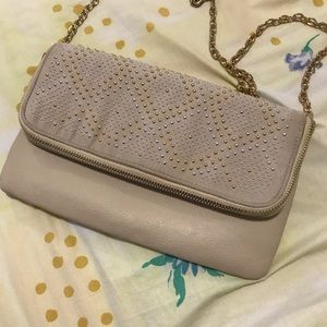 Aldo Beige Studded Clutch w/ Gold Crossbody Chain